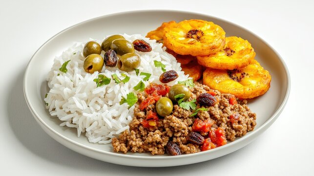 A flavorful dish of Cuban picadillo with rice, plantains, olives, and raisins is beautifully presented on a white plate ready to be enjoyed as a tasty meal.