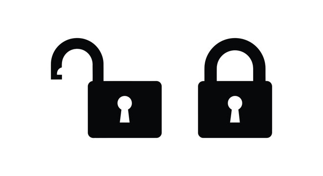 Two black lock icons one open and one closed depicted in a bold silhouette