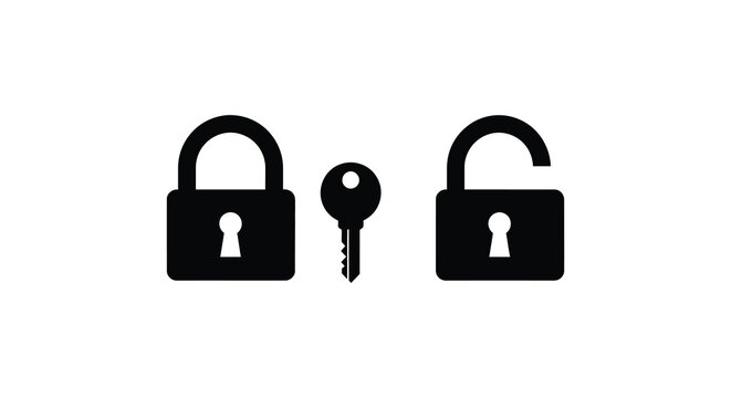 Black lock and key icons one locked and one open showing security silhouette