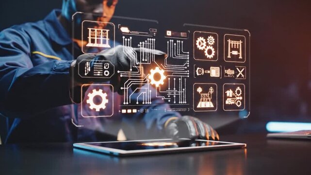 Innovator in Technology: A skilled technician, immersed in the digital realm, interacts with a holographic interface, seamlessly integrating technology and industry for innovation. 