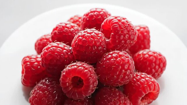 Close up of fresh ripe raspberries piled on a white plate.