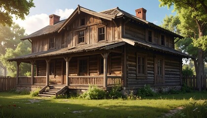 Rustic, two-story wooden home with a porch and brick chimneys surrounded by green grass and trees on a sunny day