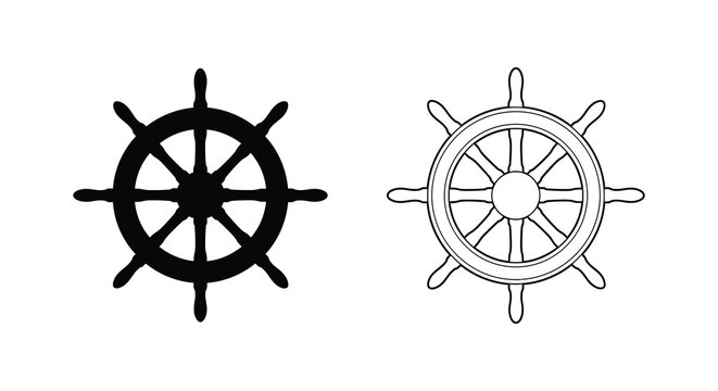 Two nautical ship wheels one solid and one outlined a black silhouette