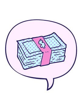 jiggle motion animation of cartoon stack of cash with speech bubble in comic book style