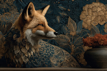 Obraz premium An artistic portrait of a fox in profile, executed in an exquisite decorative style with fine graphics and ornamental patterns. 