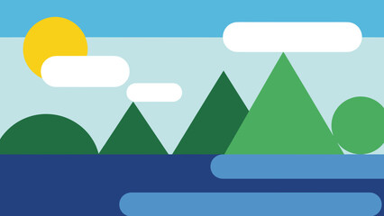 Fototapeta premium Abstract Landscape Sun Mountains Water Clouds Geometric Shapes.