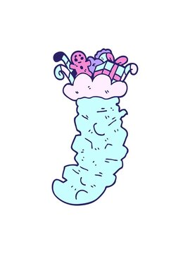 bobbing motion animation of cartoon doodle christmas stocking stuffed with toys