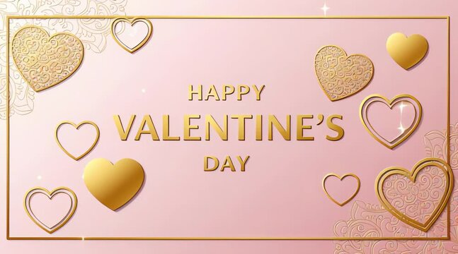 Luxury Happy Valentine's Day Greeting Background with Golden Hearts and Elegant Mandala Ornaments