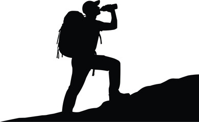 Hiker Drinking Water Silhouette Vector &ndash; Outdoor Adventure Hydration Concept