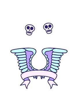 spinning skulls animation of traditional tattoo with banner of a wing