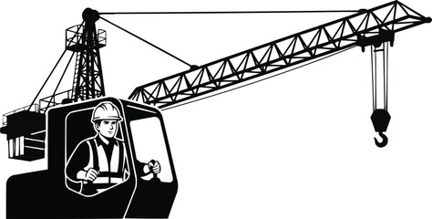 Crane operator silhouette black vector, isolated on white