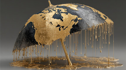 Golden umbrella with melting map design dripping liquid gold, conceptual protection and coverage symbol with artistic style