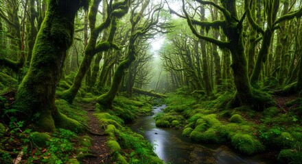Fototapeta premium Lush, mystical mosscovered forest with a winding stream in a dense, vibrant green woodland setting