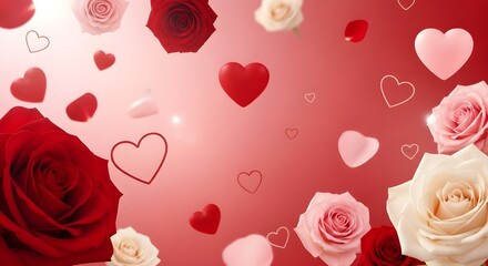 Romantic valentines day background with red roses, pink roses, and floating hearts on gradient red backdrop