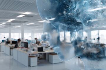 A computer generated image of a face with a blue background