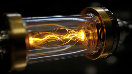 Futuristic energy capacitor with glowing electric arcs inside transparent cylindrical glass tube, metallic gold ends, dark background
