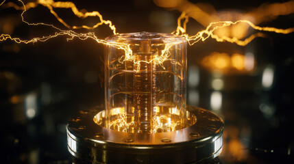 Futuristic energy capacitor with glowing electric arcs and metallic components creating dynamic and powerful visual effect in dark setting