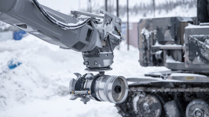Robotic arm with metal sensor attachment working outdoors in snowy industrial environment with cold weather conditions