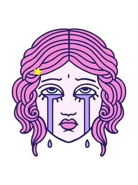 twinkling stars effect animation of tattoo in traditional style of female face crying