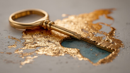 Golden key lock metal close up shiny vintage old rust texture background