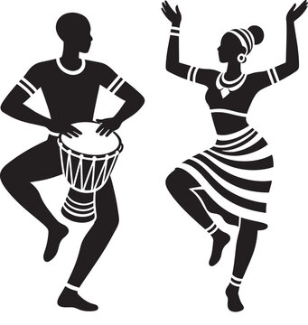 Stylized black and white illustration of an African couple dancing, the man playing a drum, celebrating culture and rhythm.
