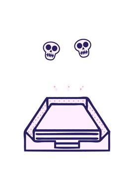spinning skulls animation of comic book style cartoon of a paper stack in tray