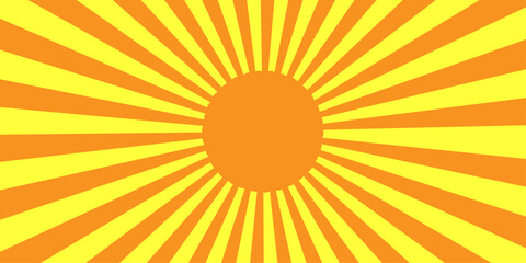 Abstract sun vector illustration with bright orange rays and yellow sunburst patterns creating a hot summer sunrise design over a light sky background
