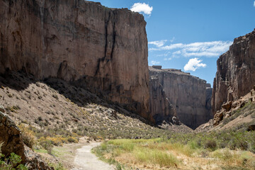 paredones volcanicos , formacion geologica que forman el ca&ntilde;adon de la buitrera , con alturas cercanas a los doscientos metros , que incluye una coorriente de agua en su camino con vegetacion autocton