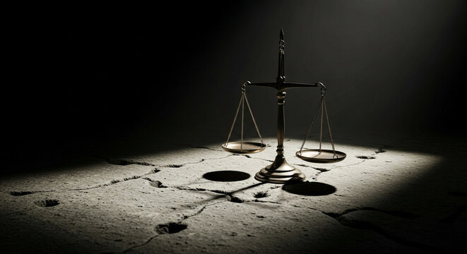 Scales of justice standing centered on stone platform, high contrast.