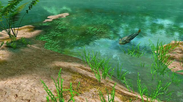 Tiktaalik habitat showing shallow Devonian freshwater rivers and wetlands where fish began land adaptation.