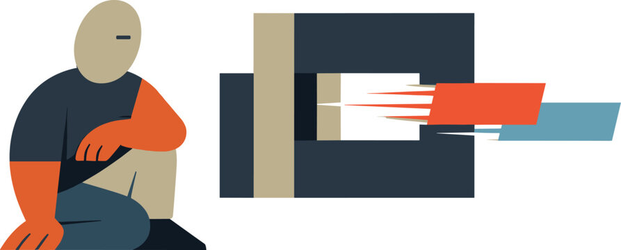 Abstract geometric figure allows fast blocks to pass into empty space while holding one stable form reflecting conscious slowing