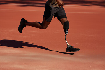 CloseUp Prosthetic Leg Running On Track, Detailed Shot Of Carbon Blade And Athletic Shoe Contact, Textured Rubber Surface, Dynamic Shadow And Midstride Motion, Training Intensity And Mechanical