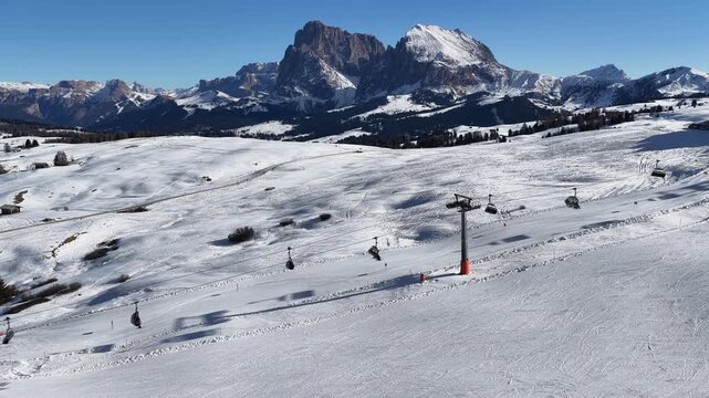 Dolomites Ski Resort Chair Lifts Snowboarding Aerial Views Italy Mountains Seiser Alm 4K
