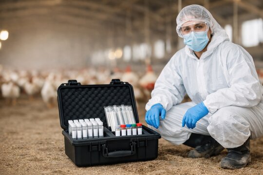 A Laboratory Technician in Protective Gear Collecting Samples in a Poultry Farm Environment with Test Tubes and Equipment for Research and Analysis