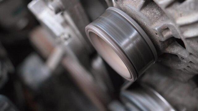 Rotation of the alternator pulley of the car engine at high speed, illustrating the mechanical power and operation of the car charging system during the rotation of the engine