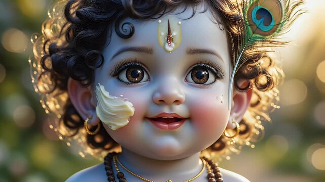 A charming close-up of a baby Lord Krishna with blue skin, curly hair, a peacock feather, and butter on his cheek, smiling sweetly in soft golden light.