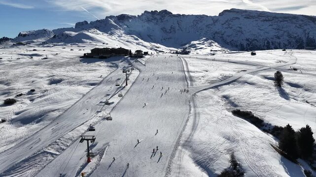 Ski Slopes Seiser Alm Alpe De Suisi Dolomites Italy Snowboarding Winter Sports Aerial Footage 4K