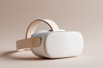 A white and tan virtual reality headset with a brown strap
