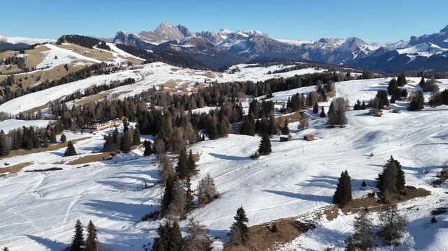 ski resort in the Dolomites Italy Alpe Di Suisi mountain views aerial drone footage 4k
