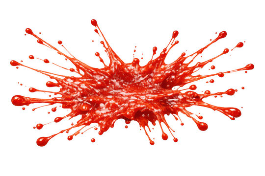 Red liquid exploding, splattering, and dripping, showing dynamic motion and abstract shape, isolated on a transparent background