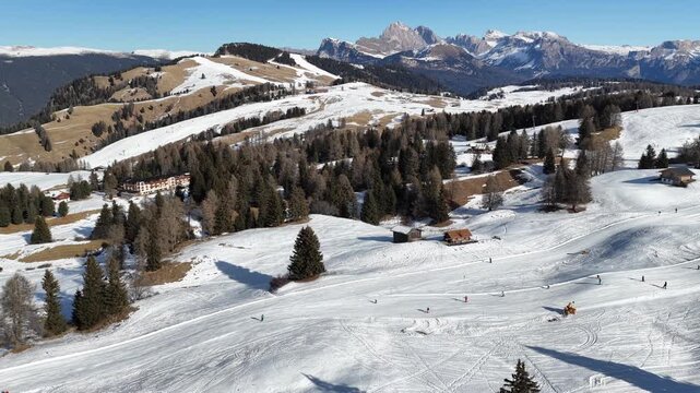 Alpe Di Suisi Dolomites Italy Skiing Mountain Views Ski Slopes Aerial Footage 4K 