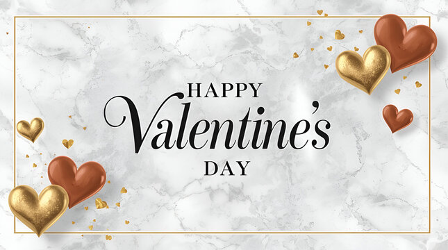 happy valentine day in black color at center of card on white grey marbel looking like floor and a golden border around text with brown and golden color heart at corner PNG