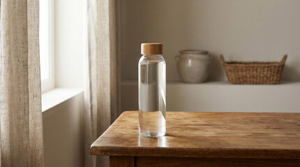Reusable glass water bottle on wooden table with natural daylight