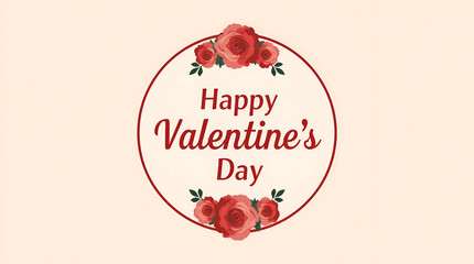 happy valentine day written inside dark pink color circle border and text in pink color at center of card with red color roses at bottom and top of text with green petals background in pink color PNG