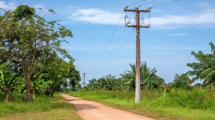 Obraz premium Rural pathway with electric poles under blue sky, surrounded by greenery and trees in a tranquil countryside setting, creating a serene landscape