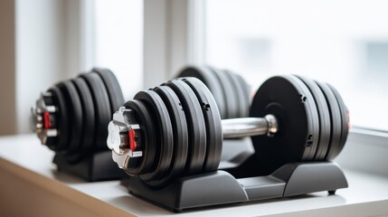 Stunning photo of Pair of adjustable dumbbells on a window sill in a bright modern home gym.