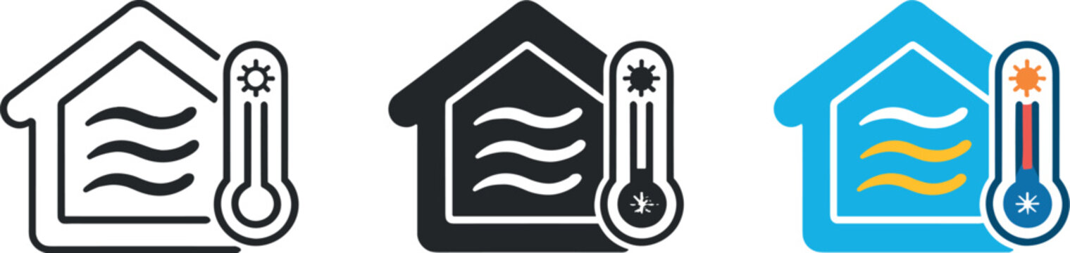 Indoor comfort regulation concept showing a simple house icon with airflow lines and a temperature indicator to represent managed