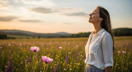 Woman breathing deeply in a field of flowers at sunset, feeling peaceful and serene