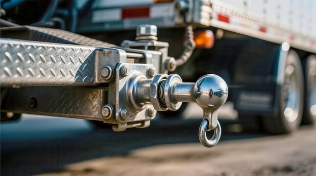 Close-up of a shiny metal trailer hitch attached to a truck. The hitch is designed for towing and is mounted on a textured metallic surface.