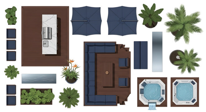 Flat Vector Top View Luxury Resort Landscape Set Featuring Teak Decking, Hot Tub, and Outdoor Kitchen